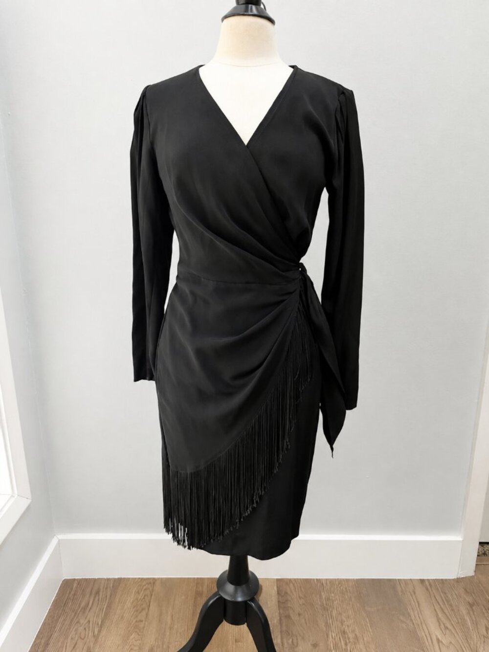 BB Collections Vintage Black Wrap Fringe Dress Size 8